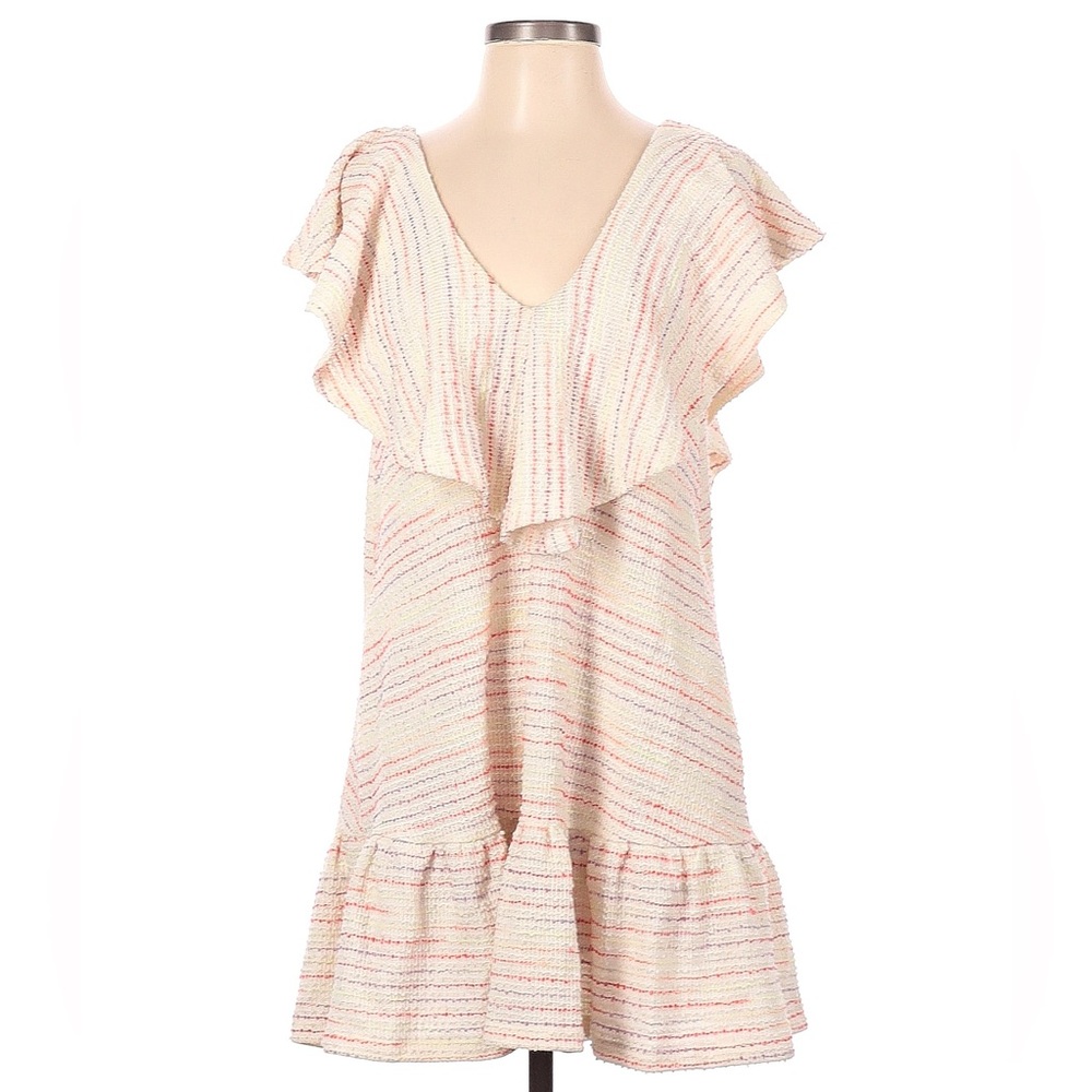 NWOT SOMETHING NAVY- beige and multi dress with ruffle neck, size medium